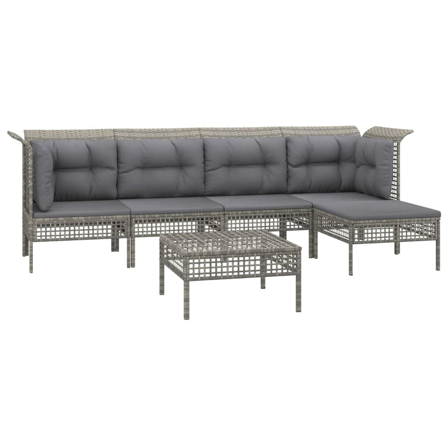 6-Delige Loungeset Met Kussens Poly Rattan Grijs 2x hoek + 2x midden + 2x voetensteun