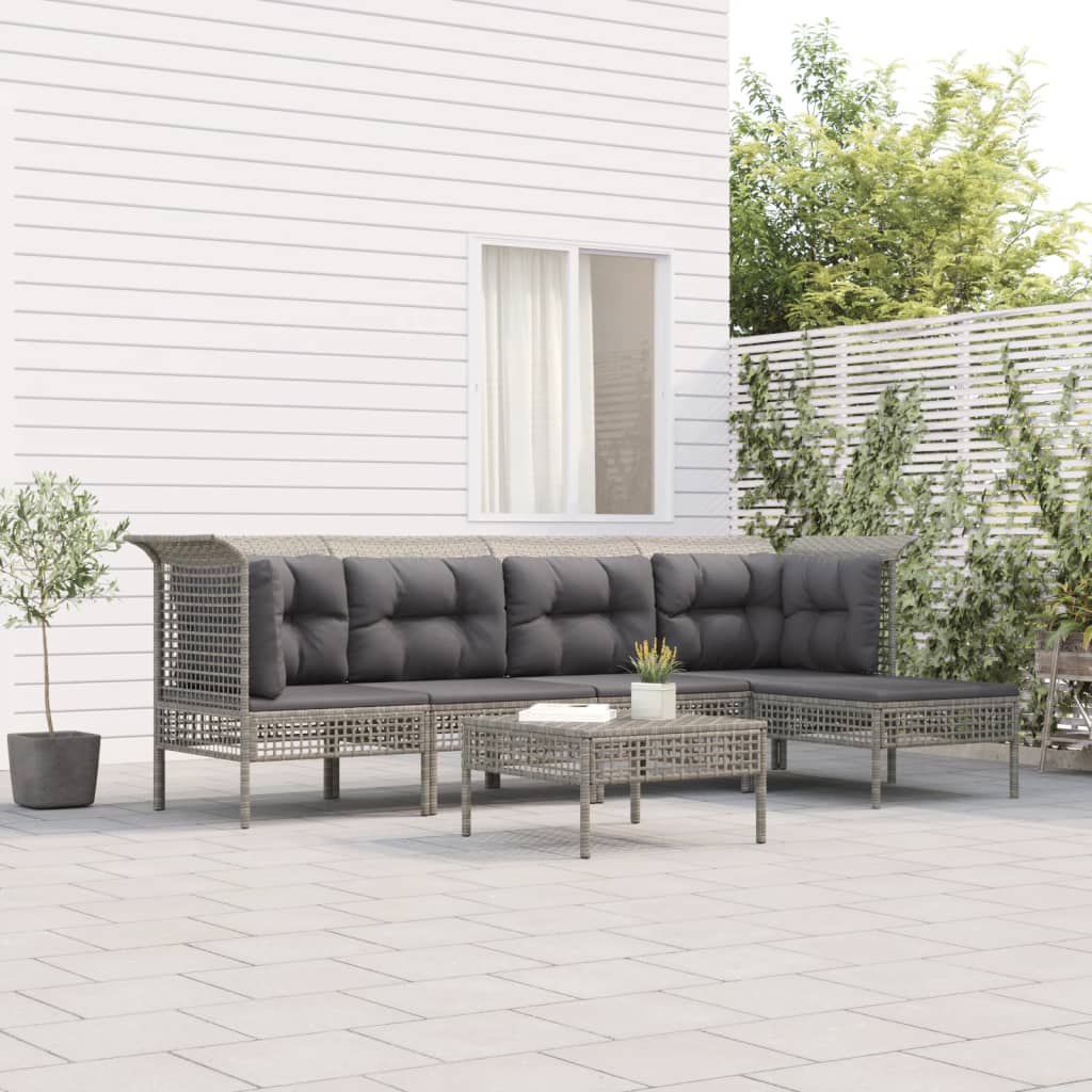 6-Delige Loungeset Met Kussens Poly Rattan Grijs 2x hoek + 2x midden + 2x voetensteun