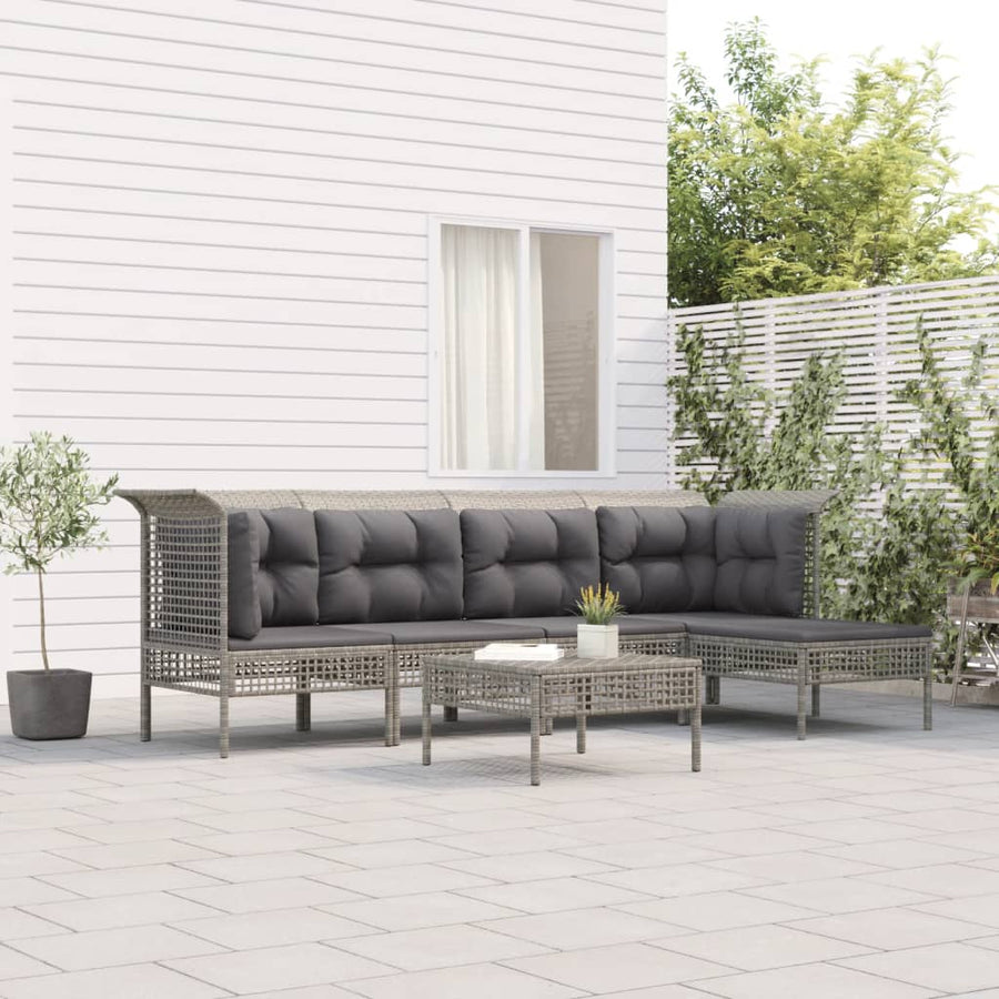 6-Delige Loungeset Met Kussens Poly Rattan Grijs 2x hoek + 2x midden + 2x voetensteun