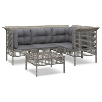 5-Delige Loungeset Met Kussens Poly Rattan Grijs 3x hoek + midden + voetensteun