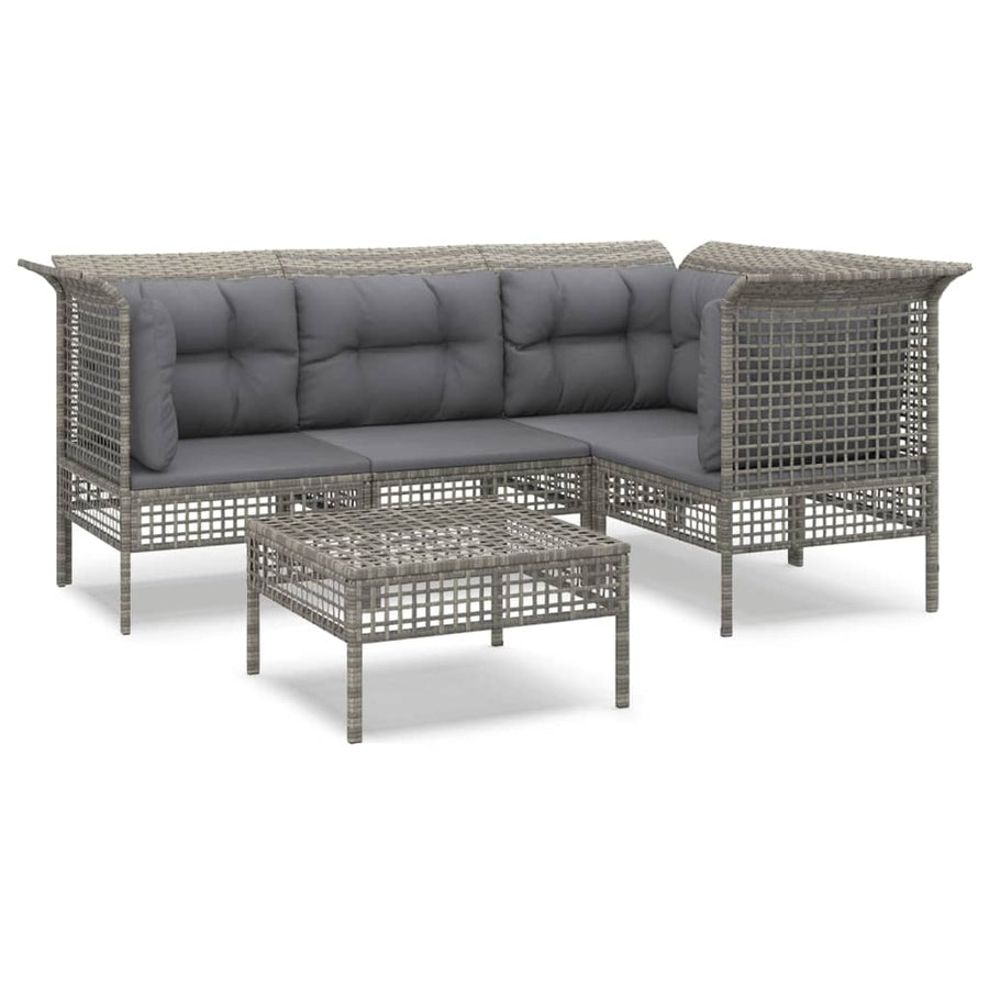 5-Delige Loungeset Met Kussens Poly Rattan Grijs 3x hoek + midden + voetensteun