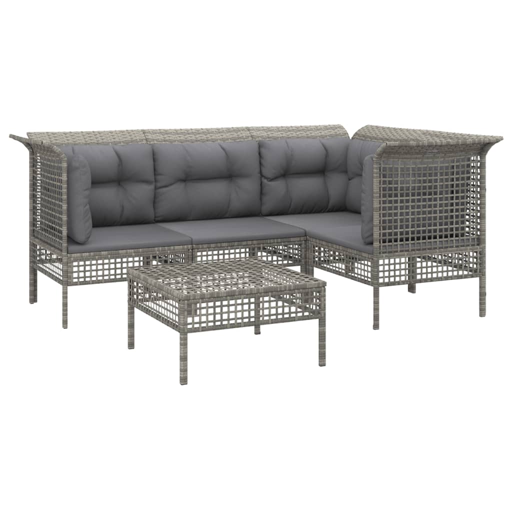 5-Delige Loungeset Met Kussens Poly Rattan Grijs 3x hoek + midden + voetensteun