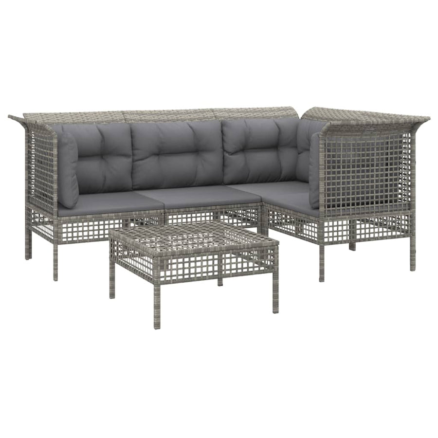 5-Delige Loungeset Met Kussens Poly Rattan Grijs 3x hoek + midden + voetensteun