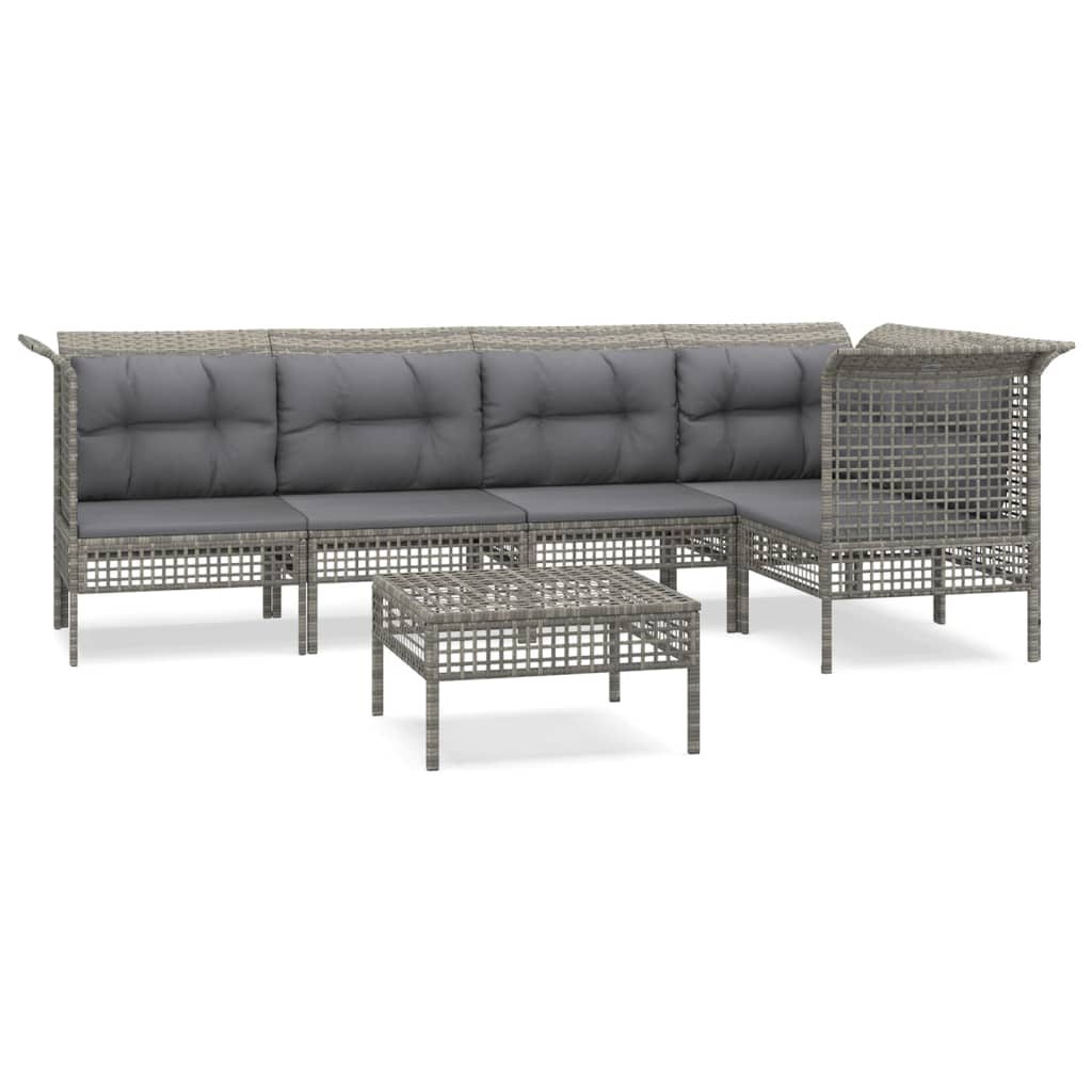 6-Delige Loungeset Met Kussens Poly Rattan Grijs 3x hoek + 2x midden + voetensteun