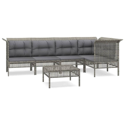 6-Delige Loungeset Met Kussens Poly Rattan Grijs 3x hoek + 2x midden + voetensteun
