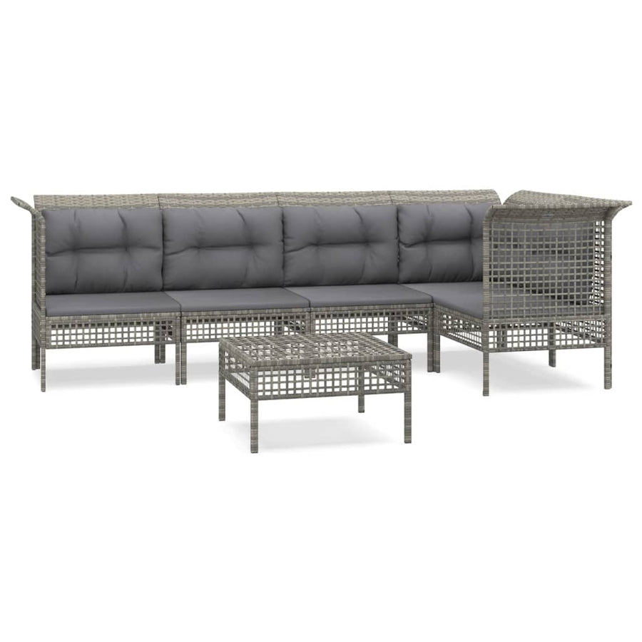 6-Delige Loungeset Met Kussens Poly Rattan Grijs 3x hoek + 2x midden + voetensteun