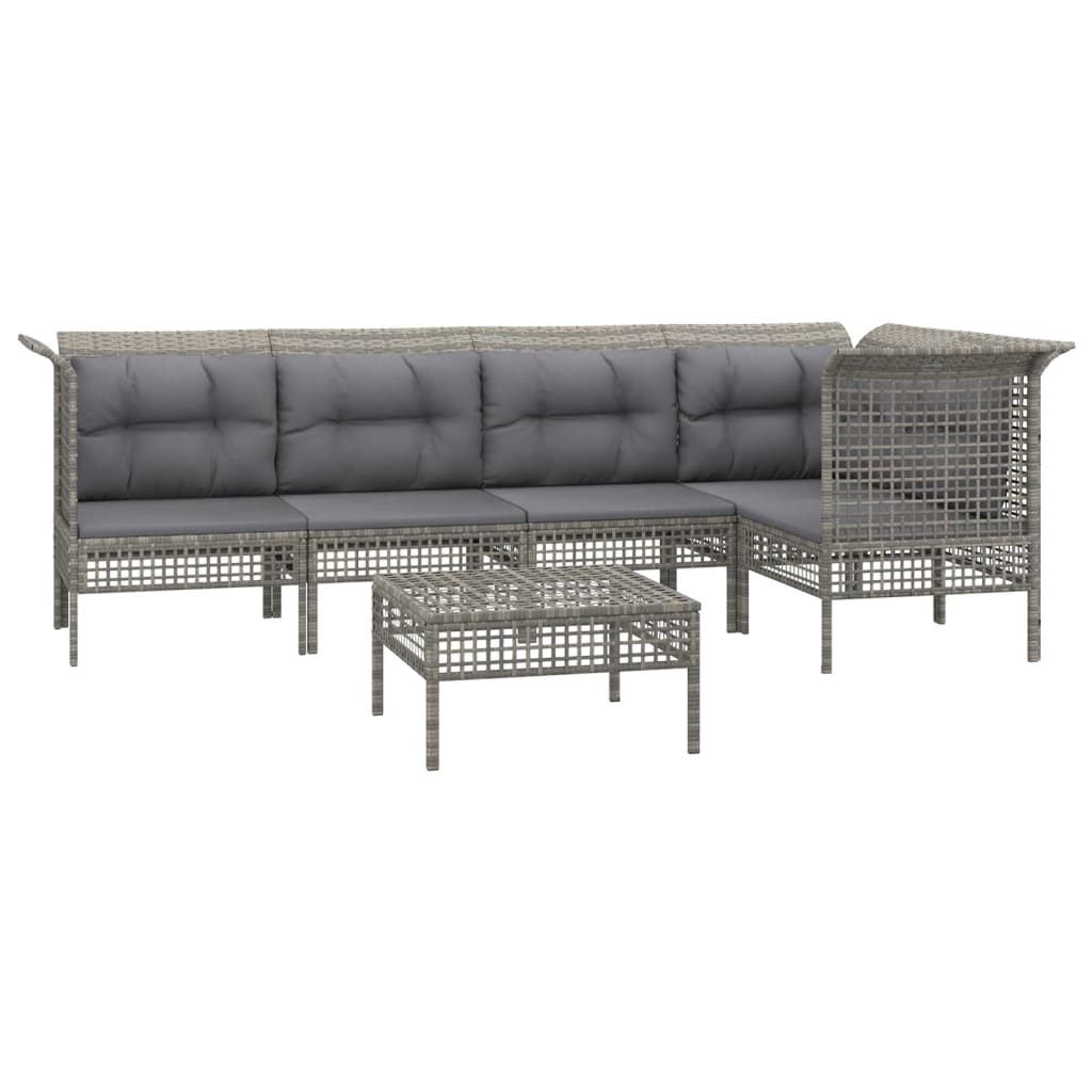 6-Delige Loungeset Met Kussens Poly Rattan Grijs 3x hoek + 2x midden + voetensteun
