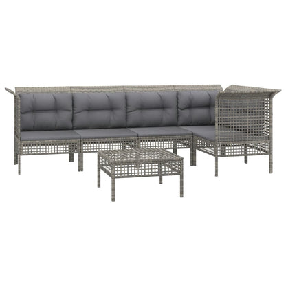 6-Delige Loungeset Met Kussens Poly Rattan Grijs 3x hoek + 2x midden + voetensteun