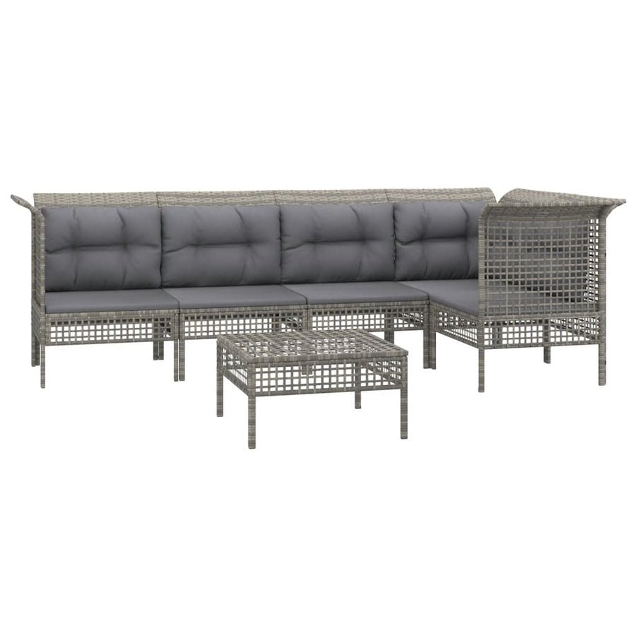 6-Delige Loungeset Met Kussens Poly Rattan Grijs 3x hoek + 2x midden + voetensteun
