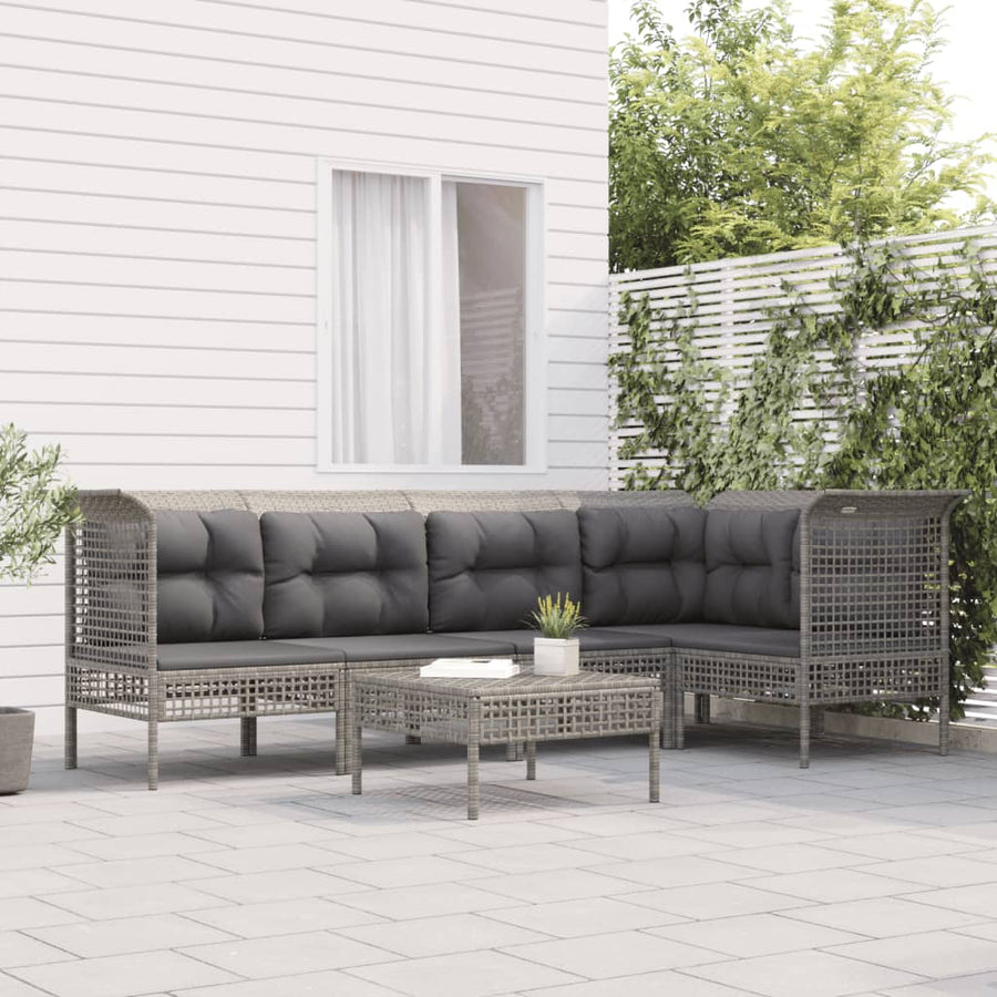 6-Delige Loungeset Met Kussens Poly Rattan Grijs 3x hoek + 2x midden + voetensteun