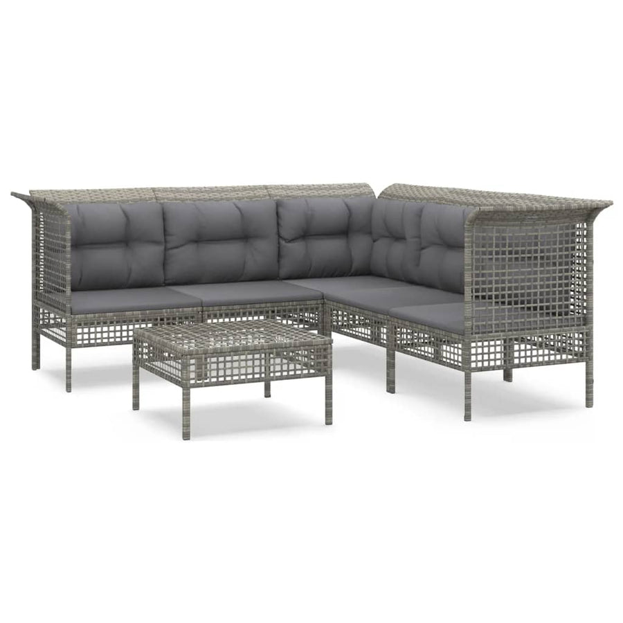6-Delige Loungeset Met Kussens Poly Rattan Grijs 3x hoek + 2x midden + voetensteun