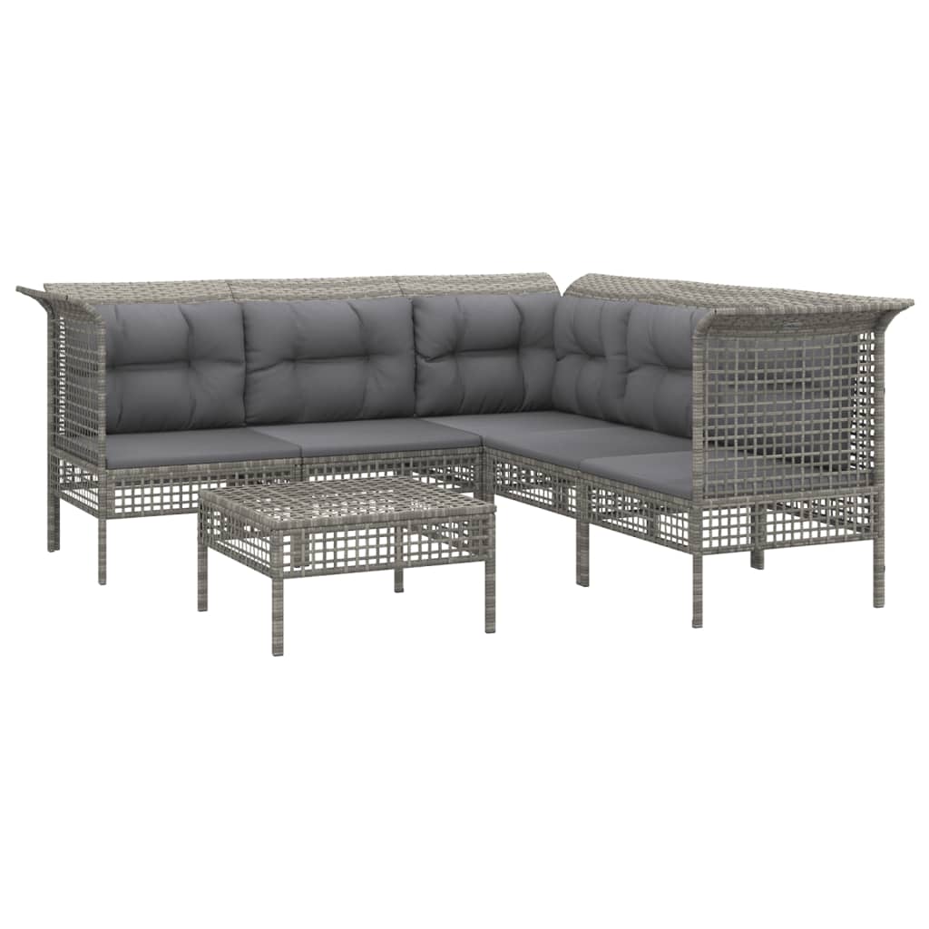 6-Delige Loungeset Met Kussens Poly Rattan Grijs 3x hoek + 2x midden + voetensteun