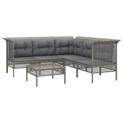 6-Delige Loungeset Met Kussens Poly Rattan Grijs 3x hoek + 2x midden + voetensteun