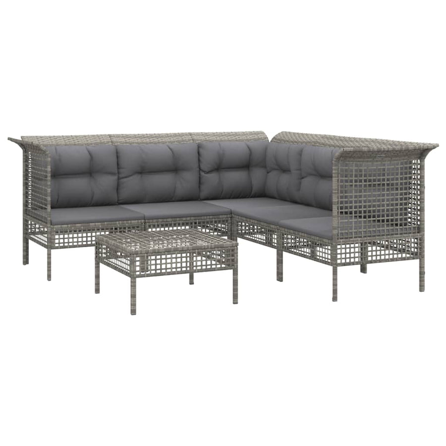 6-Delige Loungeset Met Kussens Poly Rattan Grijs 3x hoek + 2x midden + voetensteun