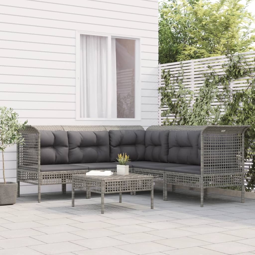 6-Delige Loungeset Met Kussens Poly Rattan Grijs 3x hoek + 2x midden + voetensteun