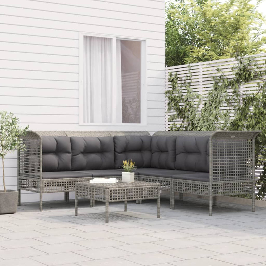 6-Delige Loungeset Met Kussens Poly Rattan Grijs 3x hoek + 2x midden + voetensteun