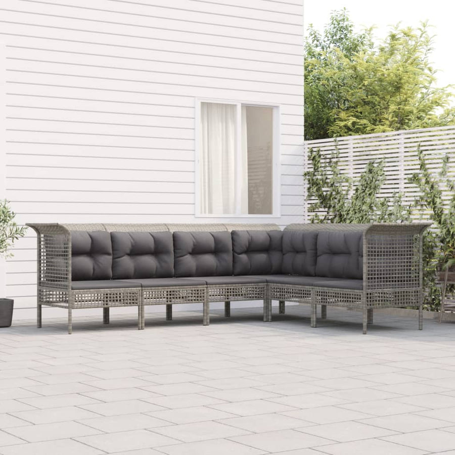 6-Delige Loungeset Met Kussens Poly Rattan Grijs 3x hoek + 3x midden