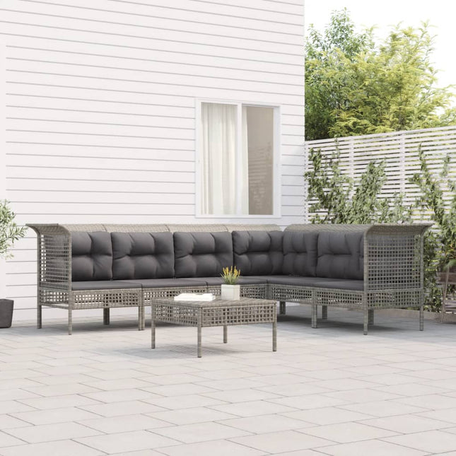 7-Delige Loungeset Met Kussens Poly Rattan Grijs 3x hoek + 3x midden + voetensteun