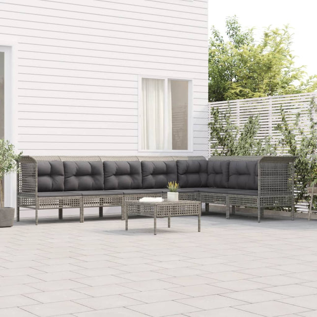 8-Delige Loungeset Met Kussens Poly Rattan Grijs 3x hoek + 4x midden + voetensteun