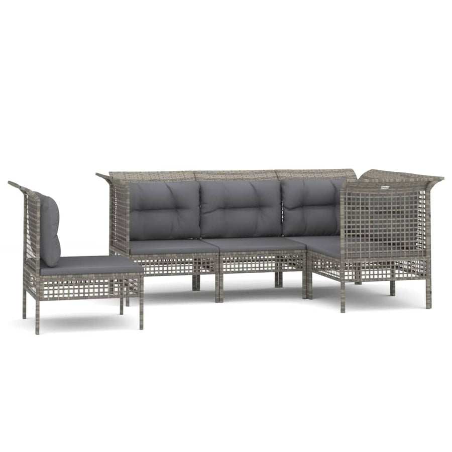 5-Delige Loungeset Met Kussens Poly Rattan Grijs 3x hoek + 2x midden