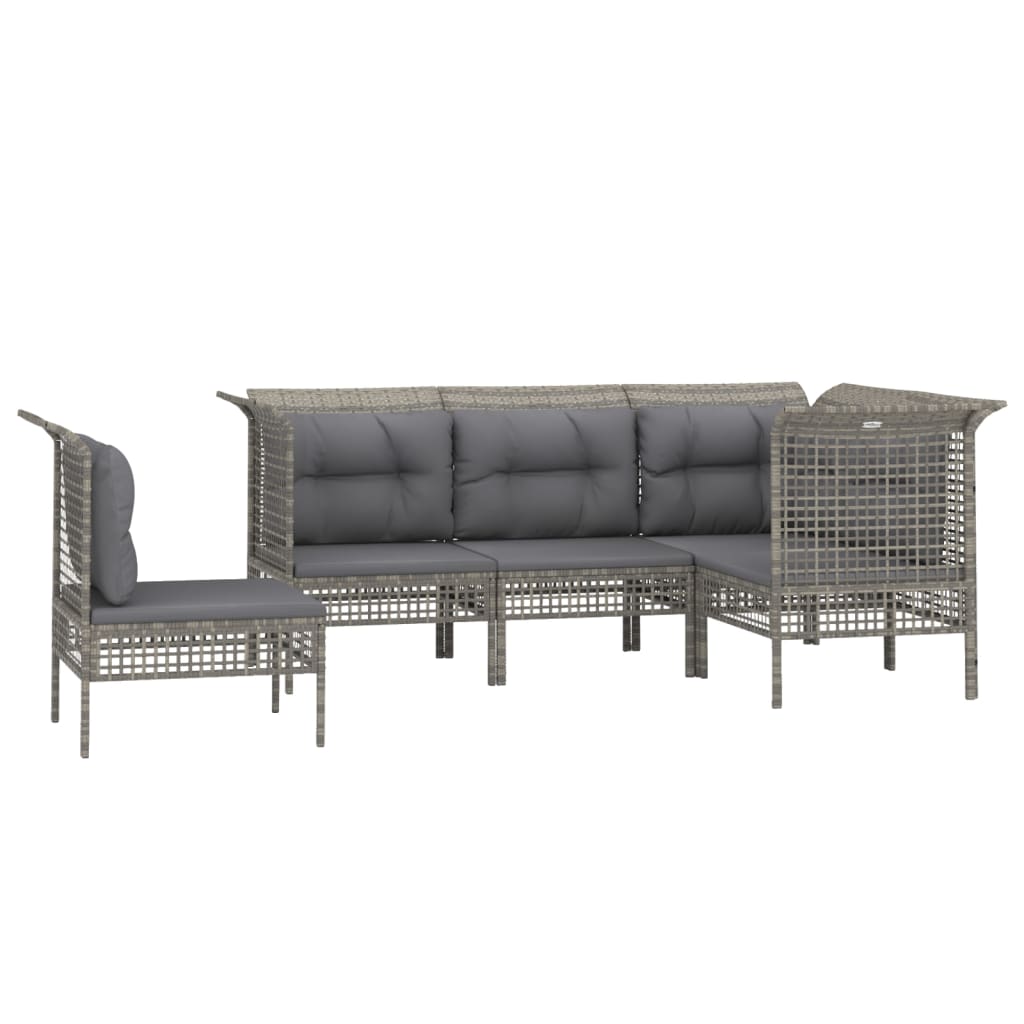 5-Delige Loungeset Met Kussens Poly Rattan Grijs 3x hoek + 2x midden