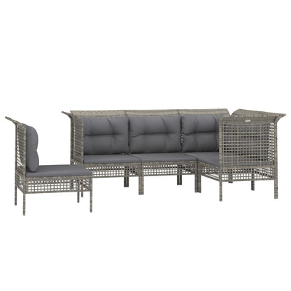 5-Delige Loungeset Met Kussens Poly Rattan Grijs 3x hoek + 2x midden