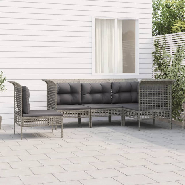 5-Delige Loungeset Met Kussens Poly Rattan Grijs 3x hoek + 2x midden