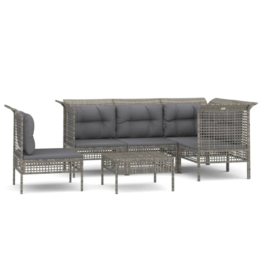 6-Delige Loungeset Met Kussens Poly Rattan Grijs 3x hoek + 2x midden + voetensteun