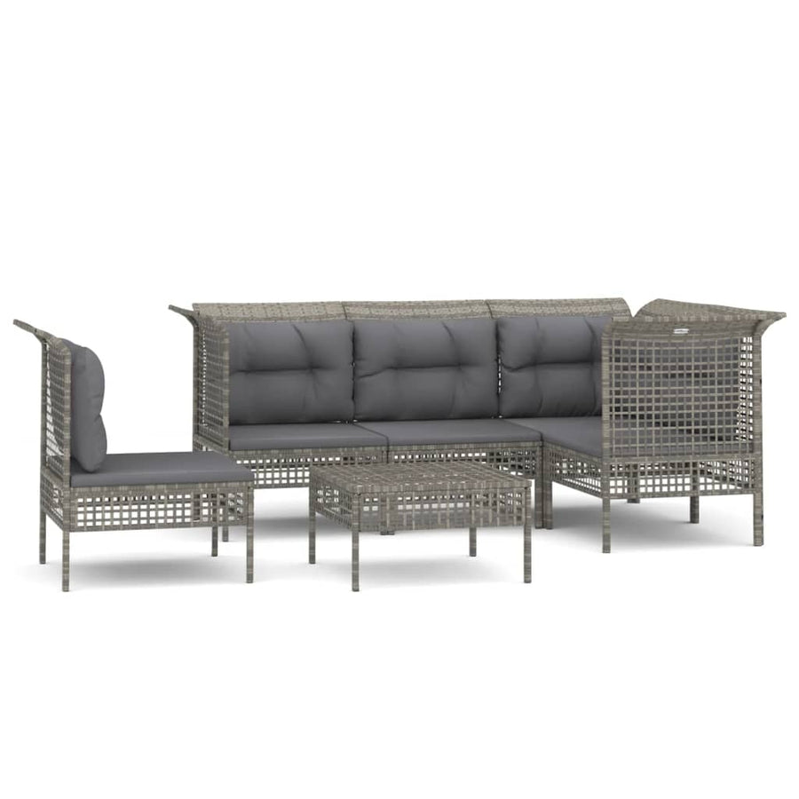 6-Delige Loungeset Met Kussens Poly Rattan Grijs 3x hoek + 2x midden + voetensteun