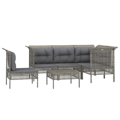6-Delige Loungeset Met Kussens Poly Rattan Grijs 3x hoek + 2x midden + voetensteun