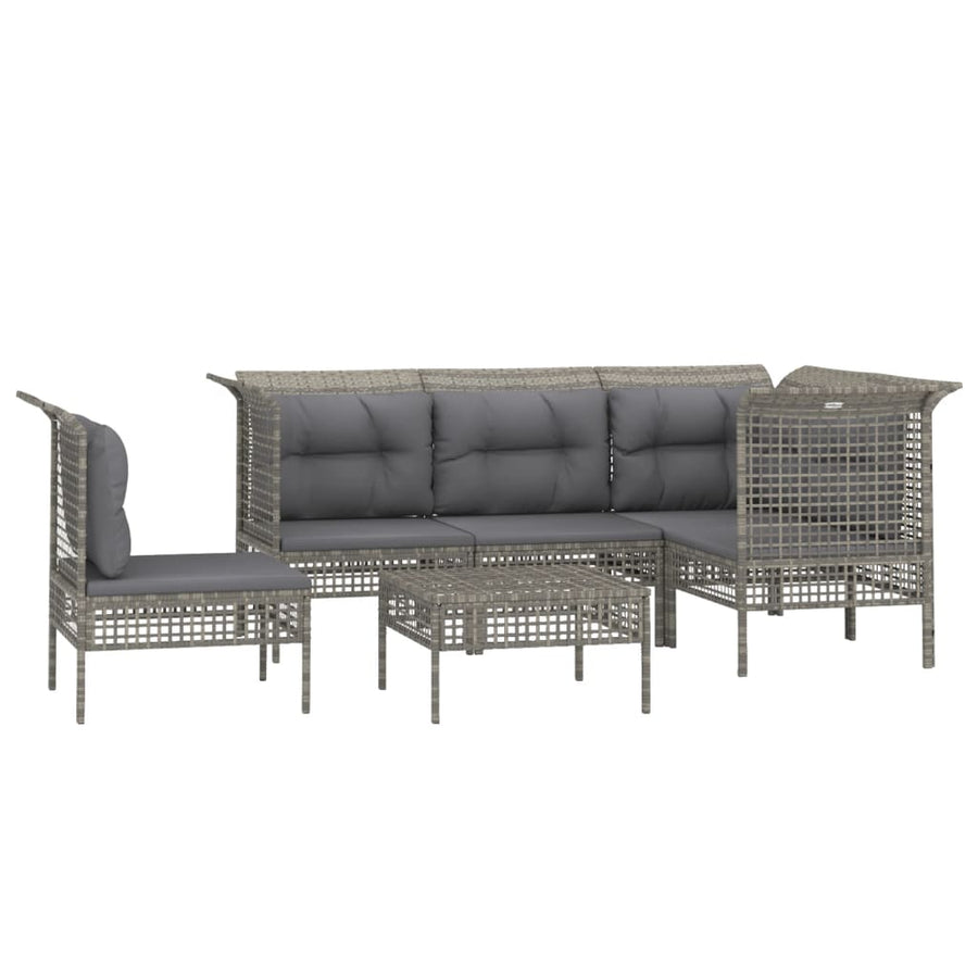 6-Delige Loungeset Met Kussens Poly Rattan Grijs 3x hoek + 2x midden + voetensteun