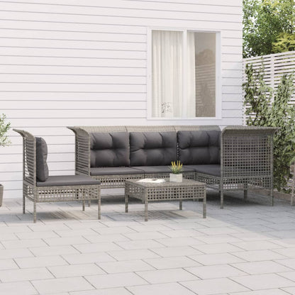 6-Delige Loungeset Met Kussens Poly Rattan Grijs 3x hoek + 2x midden + voetensteun