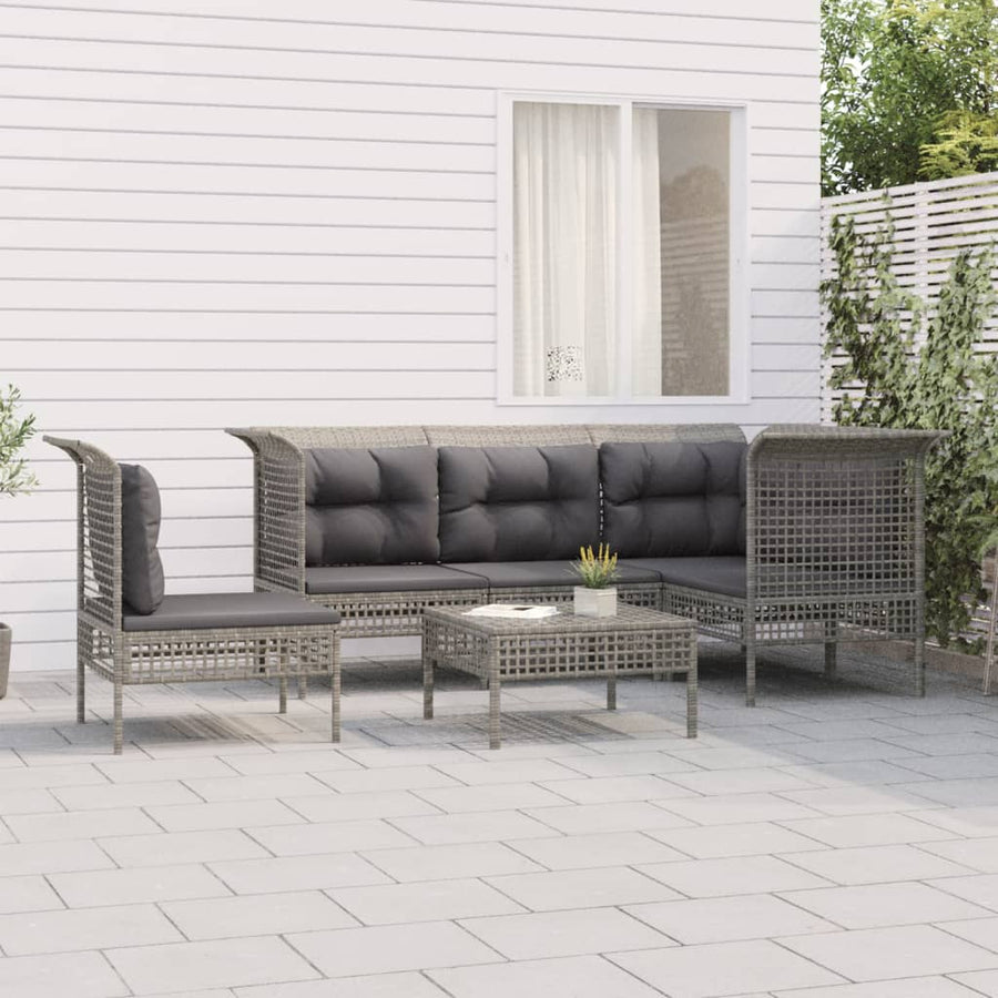 6-Delige Loungeset Met Kussens Poly Rattan Grijs 3x hoek + 2x midden + voetensteun