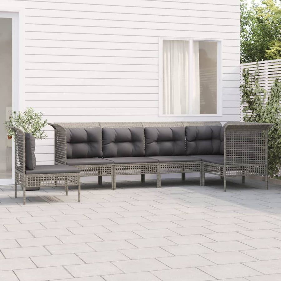 6-Delige Loungeset Met Kussens Poly Rattan Grijs 3x hoek + 3x midden