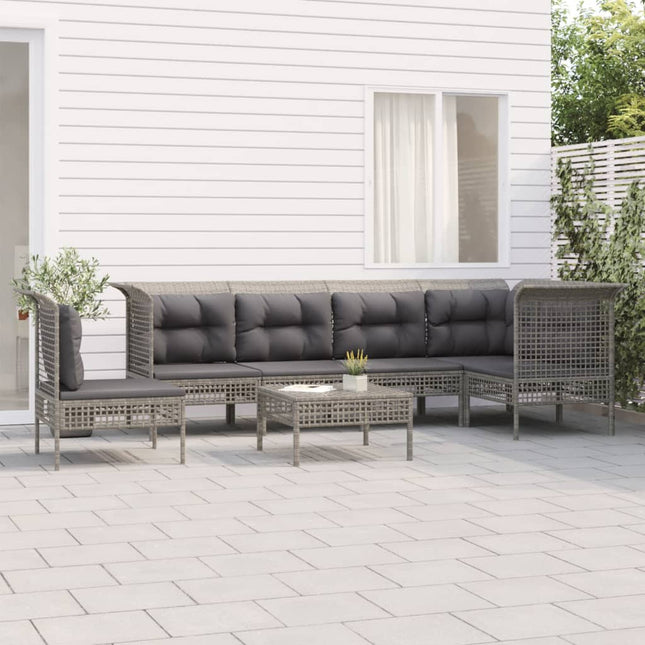 7-Delige Loungeset Met Kussens Poly Rattan Grijs 3x hoek + 3x midden + voetensteun