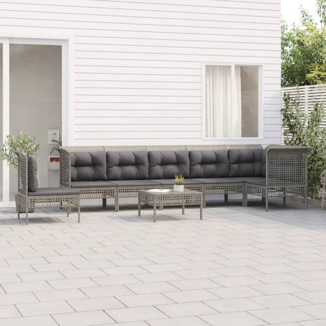 8-Delige Loungeset Met Kussens Poly Rattan Grijs 3x hoek + 4x midden + voetensteun