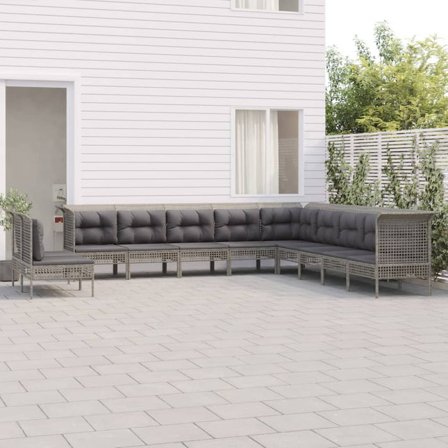 -Delige Loungeset Met Kussens Poly Rattan Grijs 3x hoek + 8x midden