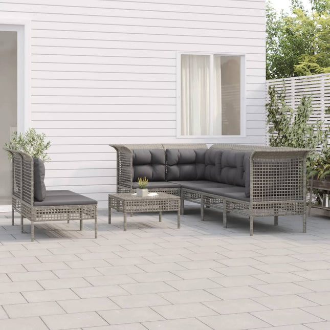 8-Delige Loungeset Met Kussens Poly Rattan Grijs 3x hoek + 4x midden + voetensteun