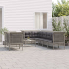 9-Delige Loungeset Met Kussens Poly Rattan Grijs 5x hoek + 3x midden + voetensteun