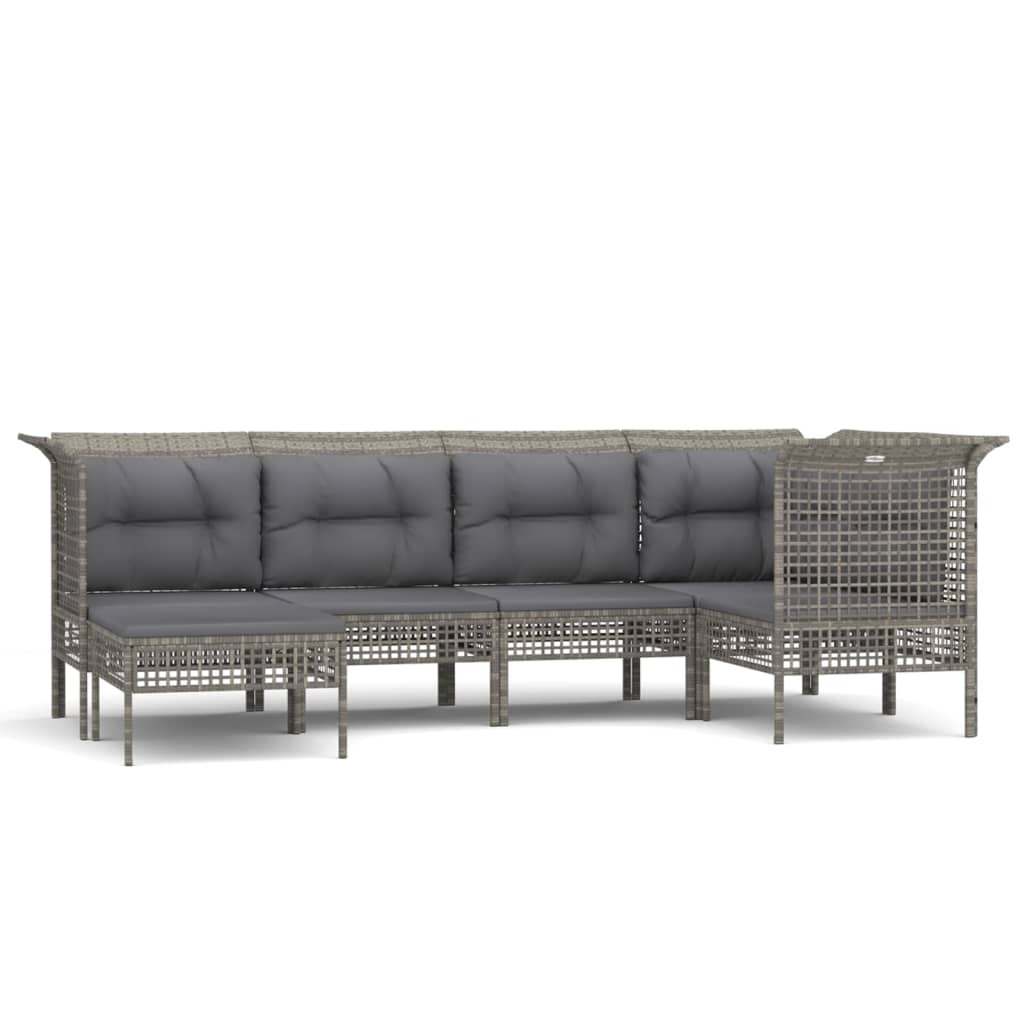 6-Delige Loungeset Met Kussens Poly Rattan Grijs 3x hoek + 2x midden + voetensteun