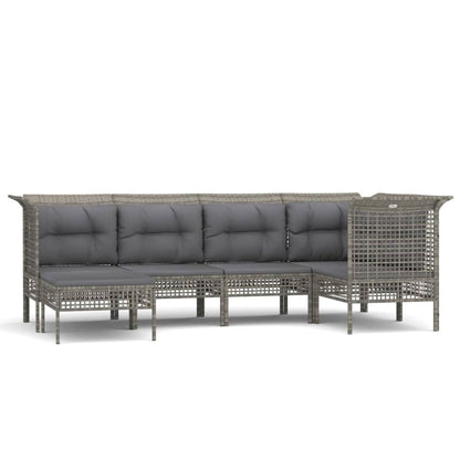6-Delige Loungeset Met Kussens Poly Rattan Grijs 3x hoek + 2x midden + voetensteun