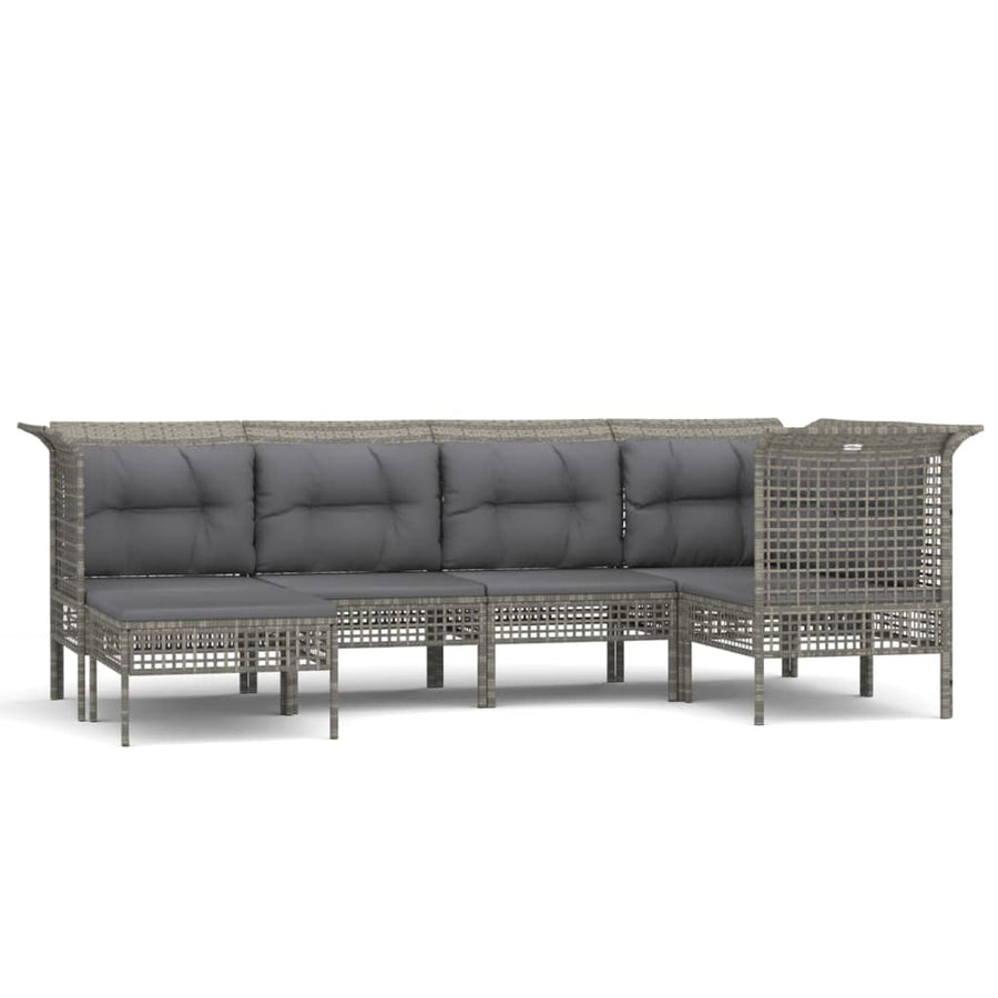 6-Delige Loungeset Met Kussens Poly Rattan Grijs 3x hoek + 2x midden + voetensteun
