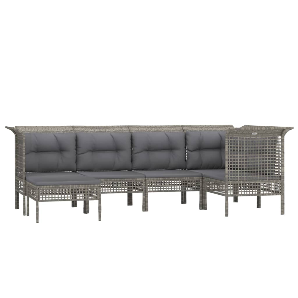 6-Delige Loungeset Met Kussens Poly Rattan Grijs 3x hoek + 2x midden + voetensteun