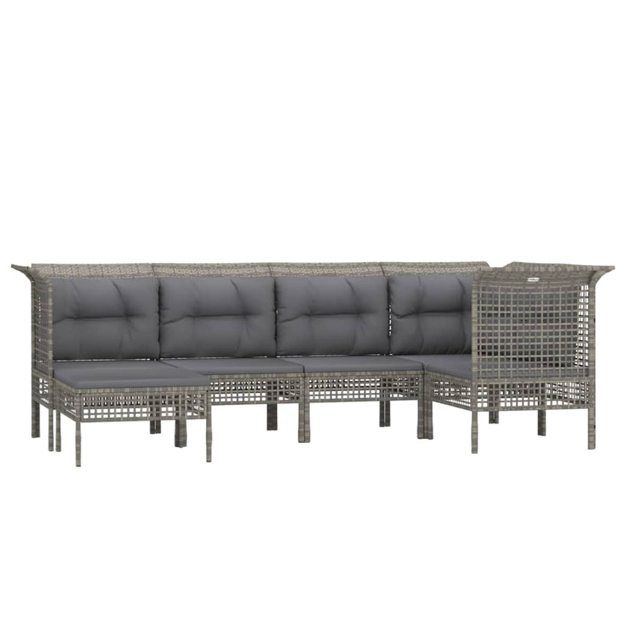 6-Delige Loungeset Met Kussens Poly Rattan Grijs 3x hoek + 2x midden + voetensteun