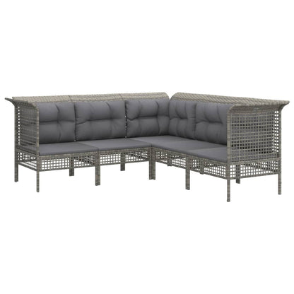 6-Delige Loungeset Met Kussens Poly Rattan Grijs 3x hoek + 2x midden + voetensteun