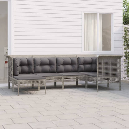 6-Delige Loungeset Met Kussens Poly Rattan Grijs 3x hoek + 2x midden + voetensteun