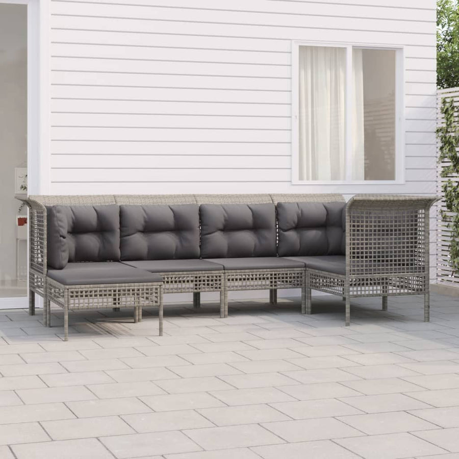 6-Delige Loungeset Met Kussens Poly Rattan Grijs 3x hoek + 2x midden + voetensteun