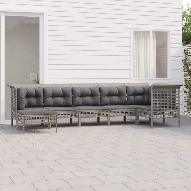 7-Delige Loungeset Met Kussens Poly Rattan Grijs 3x hoek + 3x midden + voetensteun