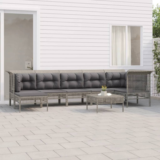 8-Delige Loungeset Met Kussens Poly Rattan Grijs 3x hoek + 3x midden + 2x voetensteun