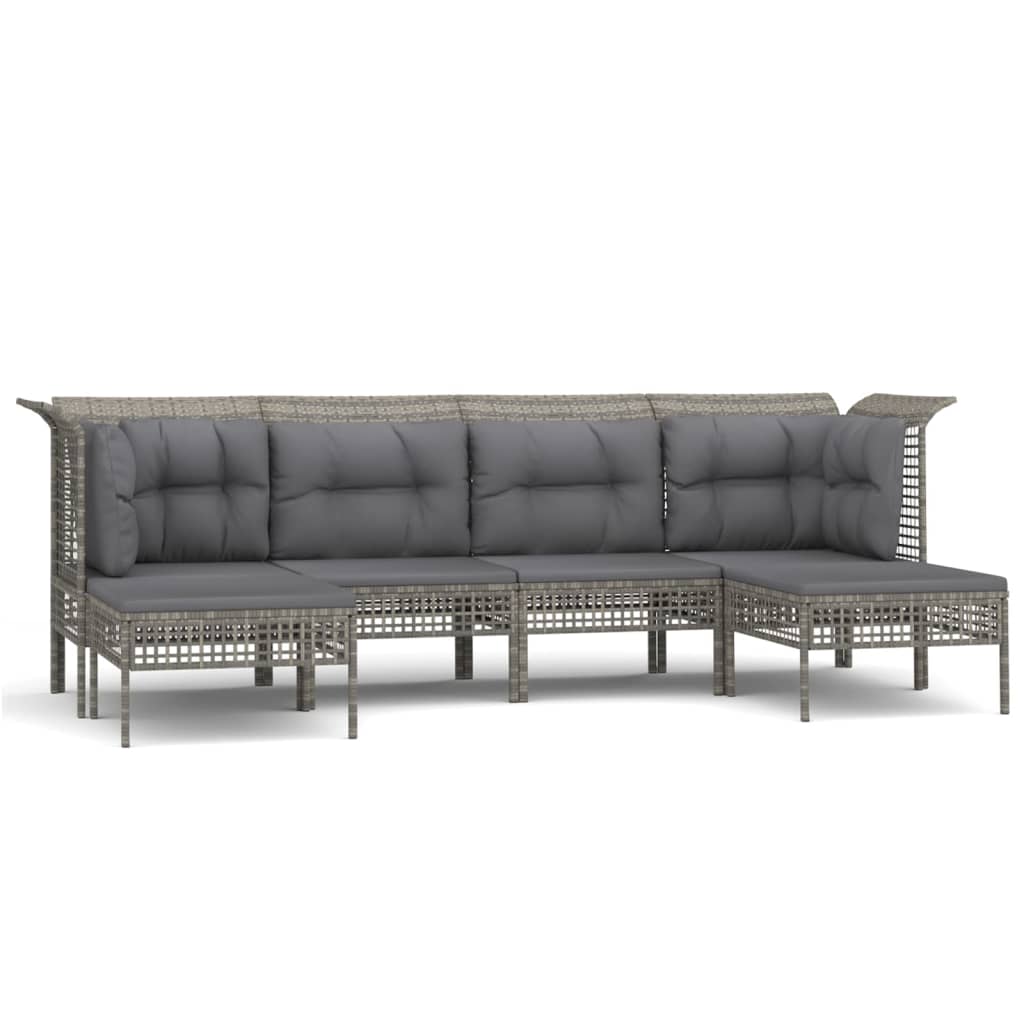 6-Delige Loungeset Met Kussens Poly Rattan Grijs 2x hoek + 2x midden + 2x voetensteun